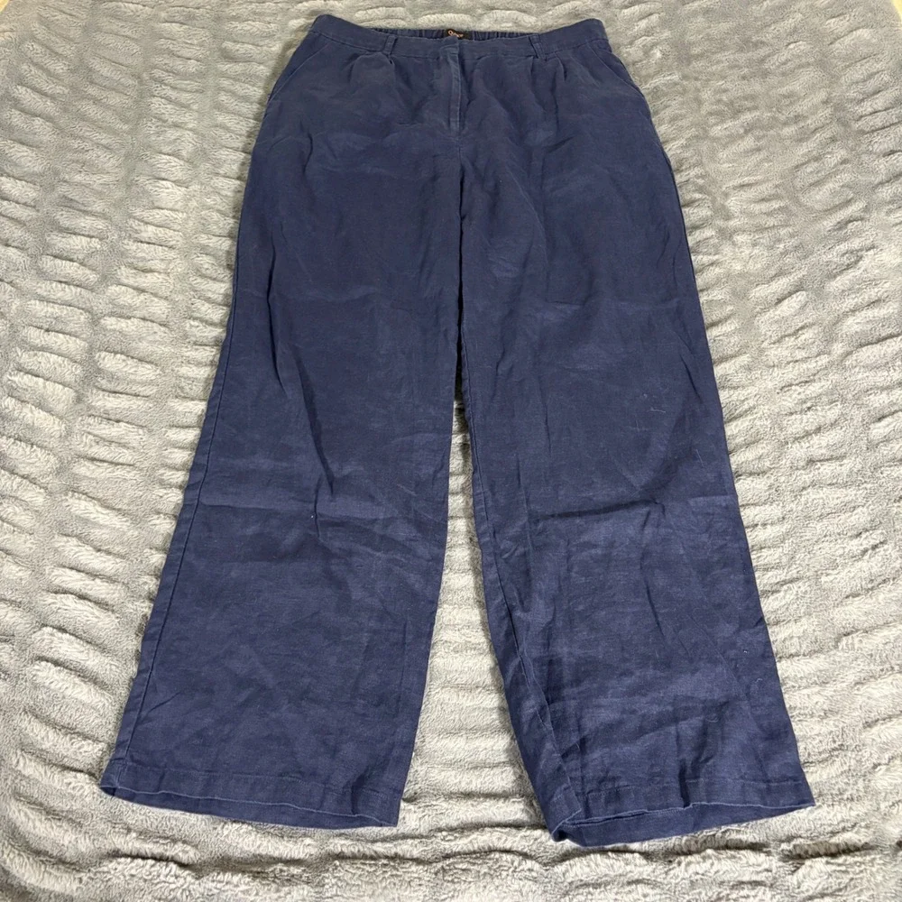 Quince Navy Blue 100% European Linen Wide Leg Pants Womens 12 High Rise Pleated